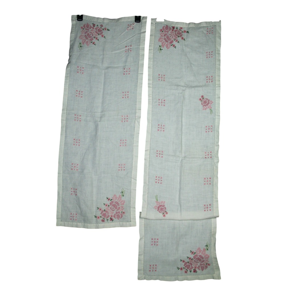 Vintage Hand Embroidered Linen Table Runner Set 2 Pink Floral Cross Stitch Rose